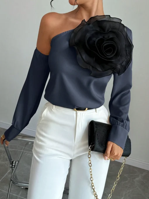 SHEIN Chiquease 1pc Women's Solid Color 3D Floral Decoration Asymmetric Collar Long Sleeve Elegant Blouse