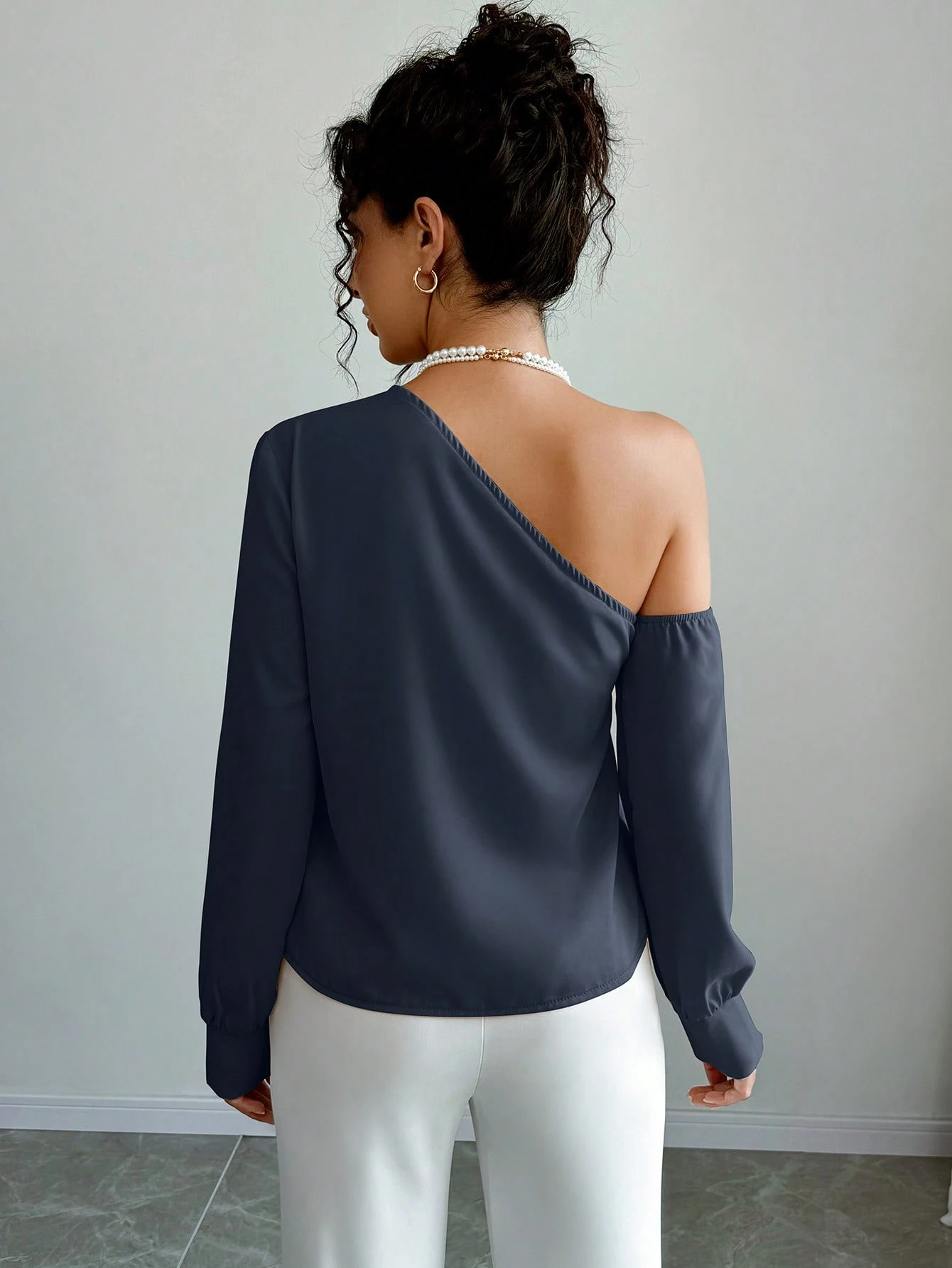 SHEIN Chiquease 1pc Women's Solid Color 3D Floral Decoration Asymmetric Collar Long Sleeve Elegant Blouse - Image 2