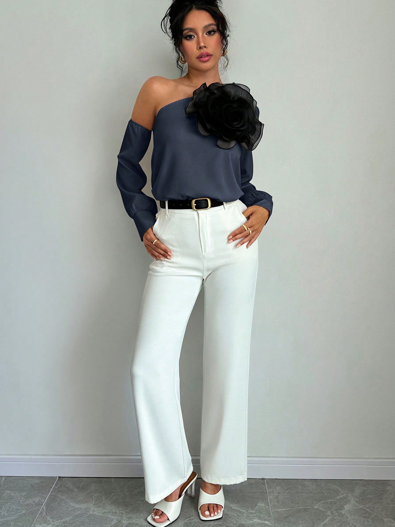 SHEIN Chiquease 1pc Women's Solid Color 3D Floral Decoration Asymmetric Collar Long Sleeve Elegant Blouse - Image 3