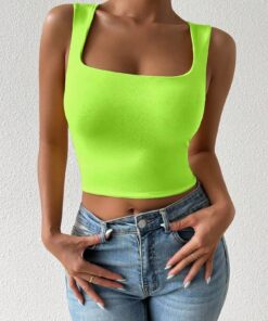 SHEIN Chiquease Fluorescent Green Color Square Neck Sleeveless Tank Top