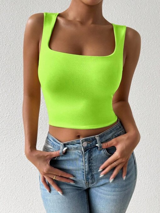 SHEIN Chiquease Fluorescent Green Color Square Neck Sleeveless Tank Top