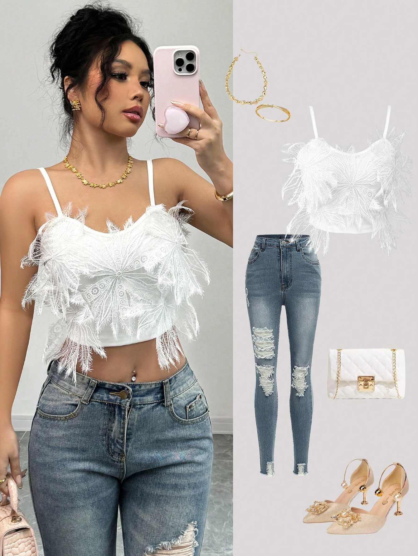 SHEIN Chiquease Women Knit Feather Decor Tank Top