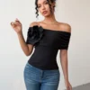 SHEIN Chiquease Women's 3D Flower Off Shoulder Exposed Shoulder Black T-Shirt