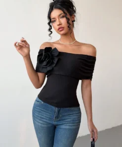 SHEIN Chiquease Women's 3D Flower Off Shoulder Exposed Shoulder Black T-Shirt