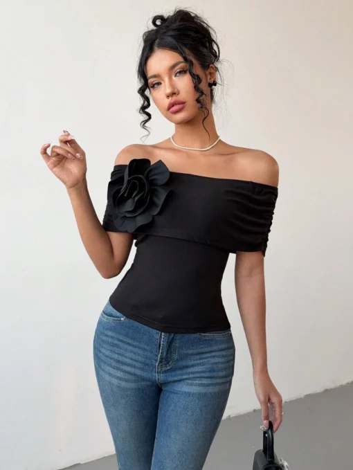 SHEIN Chiquease Women's 3D Flower Off Shoulder Exposed Shoulder Black T-Shirt