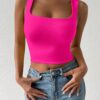 SHEIN Chiquease Women's Plain Color Pink Cropped Fitted Fashion Tank Top