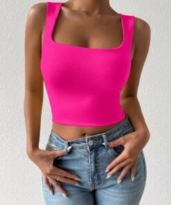 SHEIN Chiquease Women's Plain Color Pink Cropped Fitted Fashion Tank Top