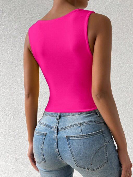 SHEIN Chiquease Women's Plain Color Pink Cropped Fitted Fashion Tank Top - Image 2