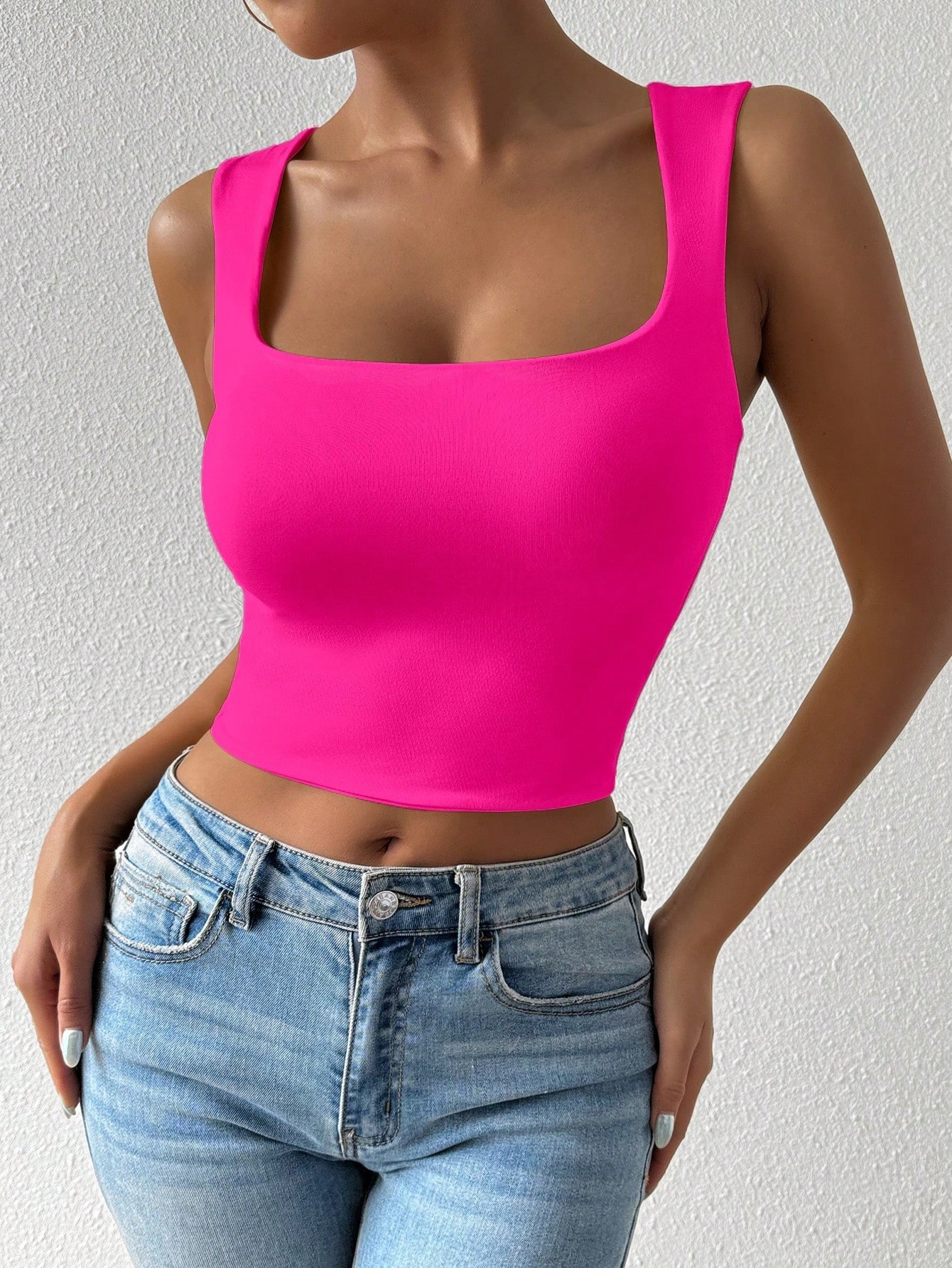 SHEIN Chiquease Women's Plain Color Pink Cropped Fitted Fashion Tank Top - Image 3