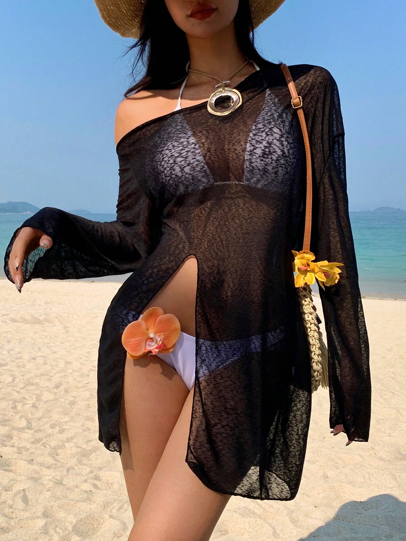 SHEIN DAZY Women Textured Off Shoulder Split Cover Up - Image 3