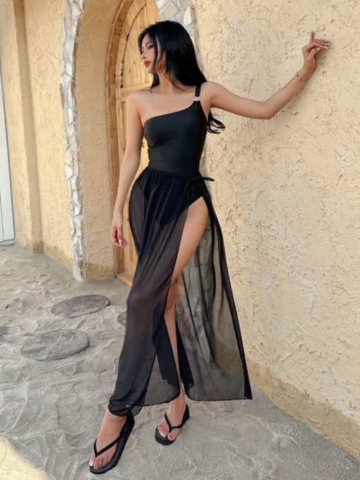 SHEIN DAZY Women's New Plain Color Fashion Ring Buckle Monokini One-Piece Swimsuit