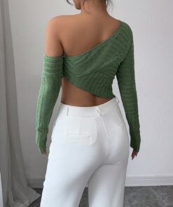 Alternative view of SHEIN Elenzga Women Solid Color Off Shoulder Fitted Asymmetric Hem Long Sleeve Fuzzy Soft T-Shirt