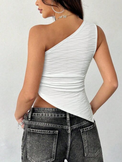 SHEIN INAWLY Women One-Shoulder Textured Sleeveless Asymmetric Hem Fashion Top