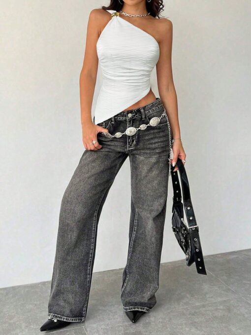 SHEIN INAWLY Women One-Shoulder Textured Sleeveless Asymmetric Hem Fashion Top