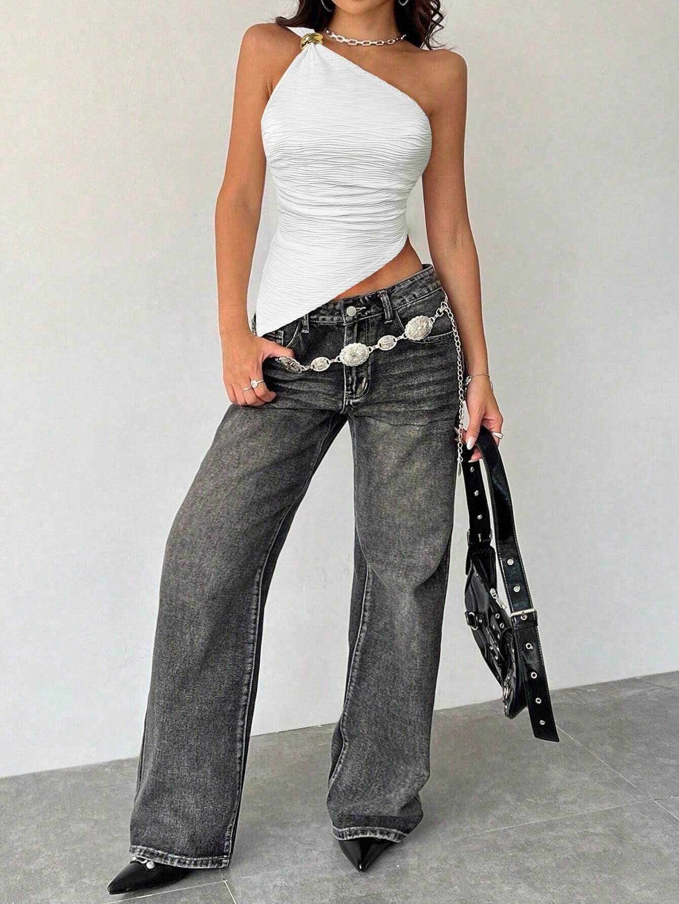 SHEIN INAWLY Women One-Shoulder Textured Sleeveless Asymmetric Hem Fashion Top