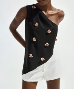 SHEIN Maija New Season One-Shoulder Asymmetric Butter Yellow Sequins & Embroidery Black Top