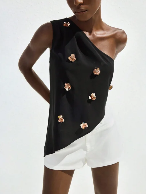 SHEIN Maija New Season One-Shoulder Asymmetric Butter Yellow Sequins & Embroidery Black Top