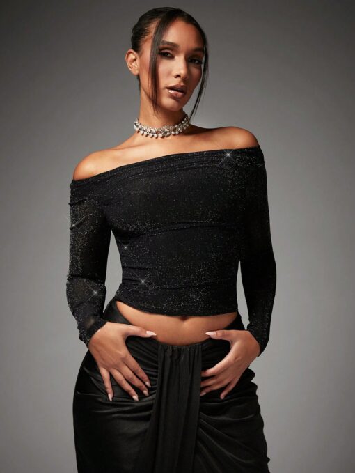 SHEIN BAE Off Shoulder Glitter Crop Top
