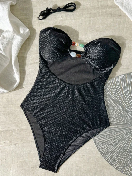 SHEIN Swim Chiccia 1pc Women Elegant Solid Color With Colorful Beads Decor One-Piece - Image 3