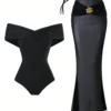 SHEIN Swim Oasis 2 Pieces Set Off Shoulder Solid Color Women Sexy Backless One-Piece