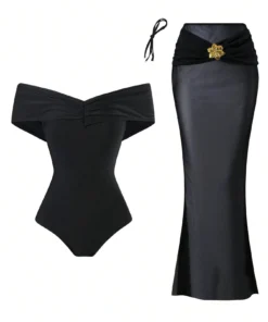SHEIN Swim Oasis 2 Pieces Set Off Shoulder Solid Color Women Sexy Backless One-Piece
