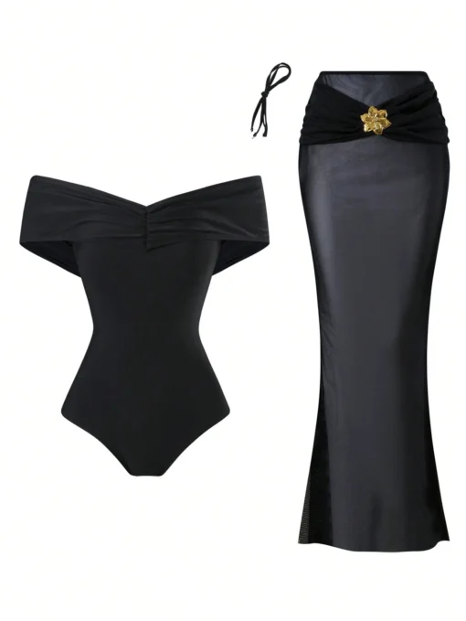 SHEIN Swim Oasis 2 Pieces Set Off Shoulder Solid Color Women Sexy Backless One-Piece