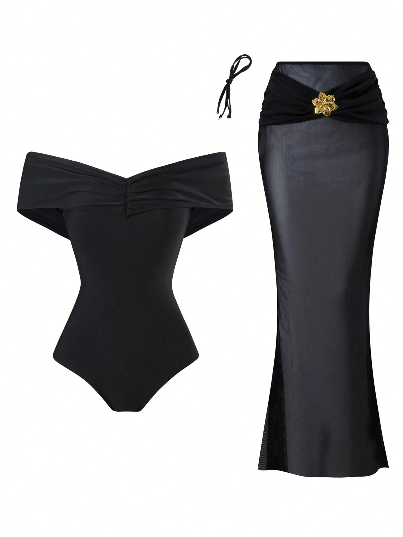 SHEIN Swim Oasis 2 Pieces Set Off Shoulder Solid Color Women Sexy Backless One-Piece
