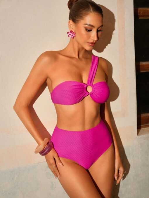 SHEIN Swim Oasis Women's 3pcs Hot Pink Sexy Bikini Set With One Shoulder Design - Image 3