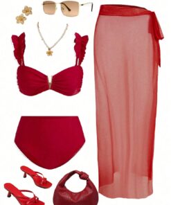 SHEIN Swim Oasis Women's Solid Color Ruched Sexy Bikini Set With Cover-Up Skirt