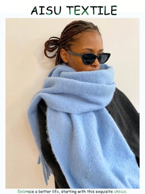 SHEIN 1pc Women's Fuzzy Long Scarf With Tassel For Winter Solid Sky Blue