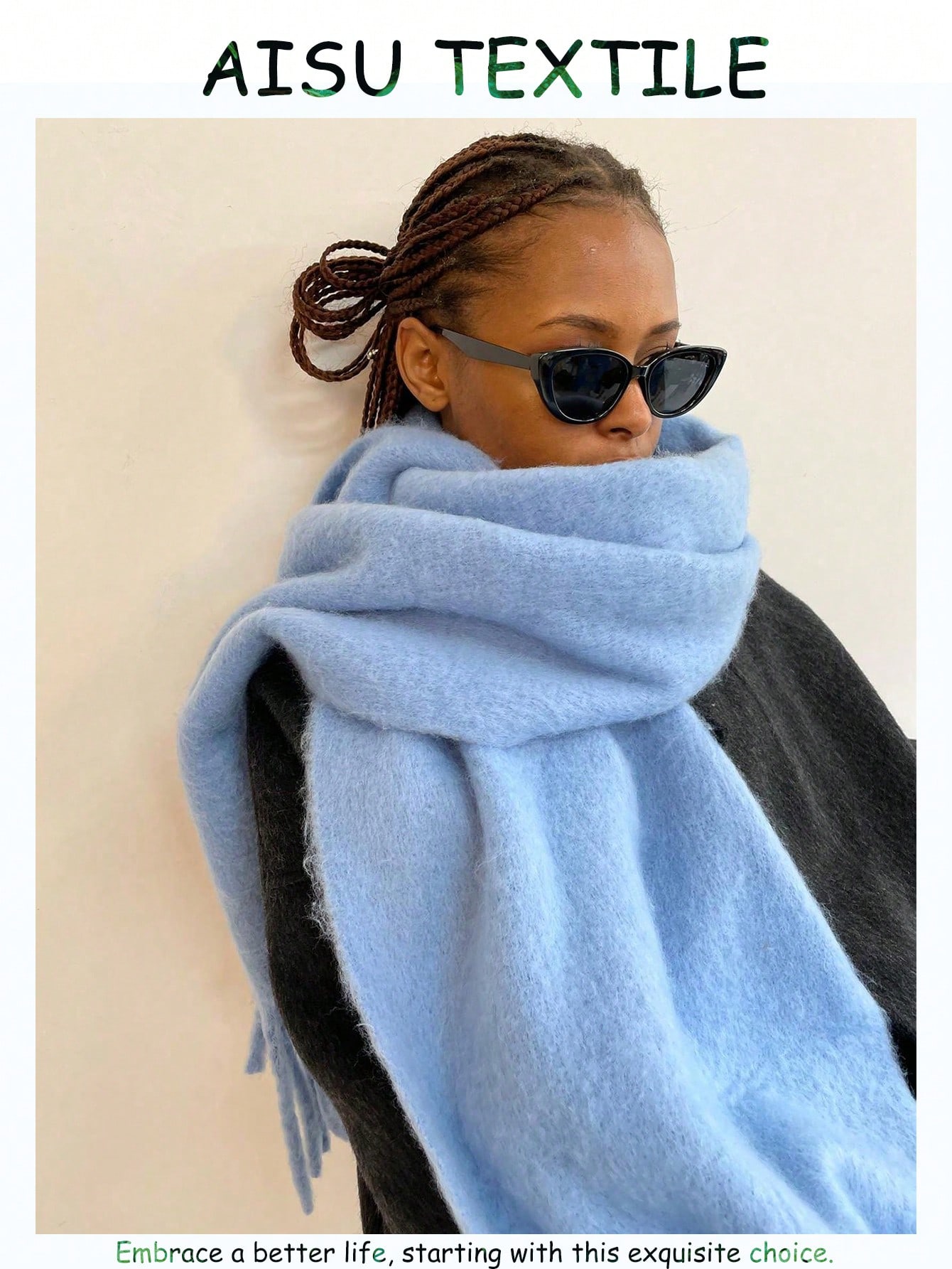 SHEIN 1pc Women's Fuzzy Long Scarf With Tassel For Winter Solid Sky Blue