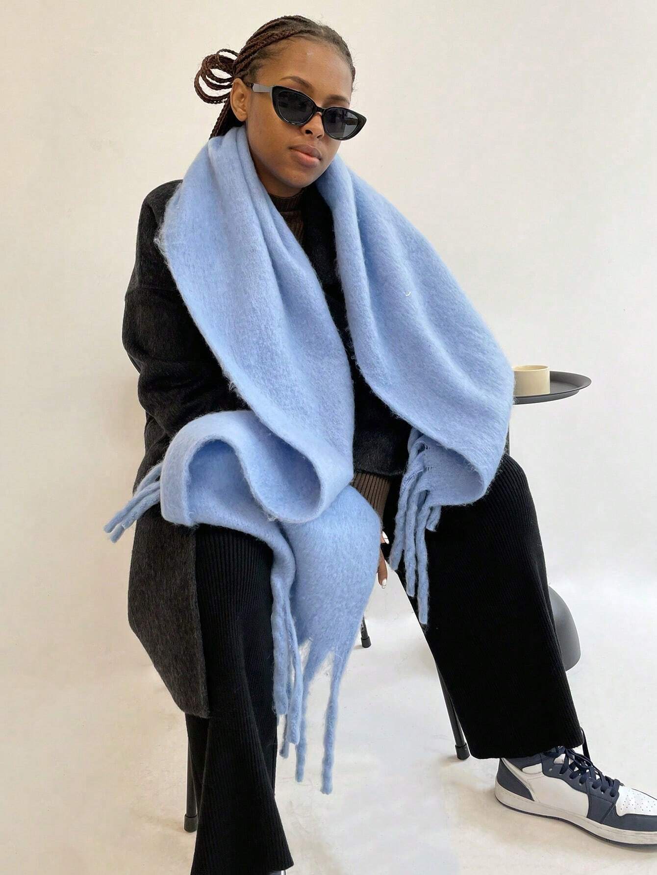 SHEIN 1pc Women's Fuzzy Long Scarf With Tassel For Winter Solid Sky Blue - Image 2