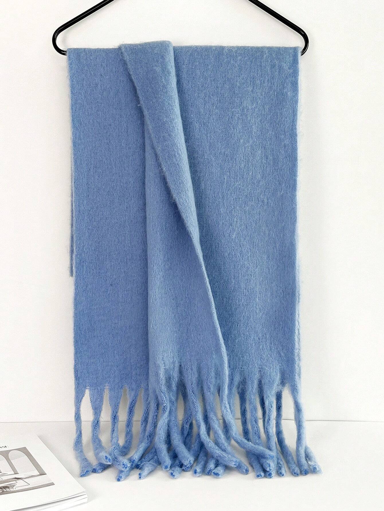SHEIN 1pc Women's Fuzzy Long Scarf With Tassel For Winter Solid Sky Blue - Image 3