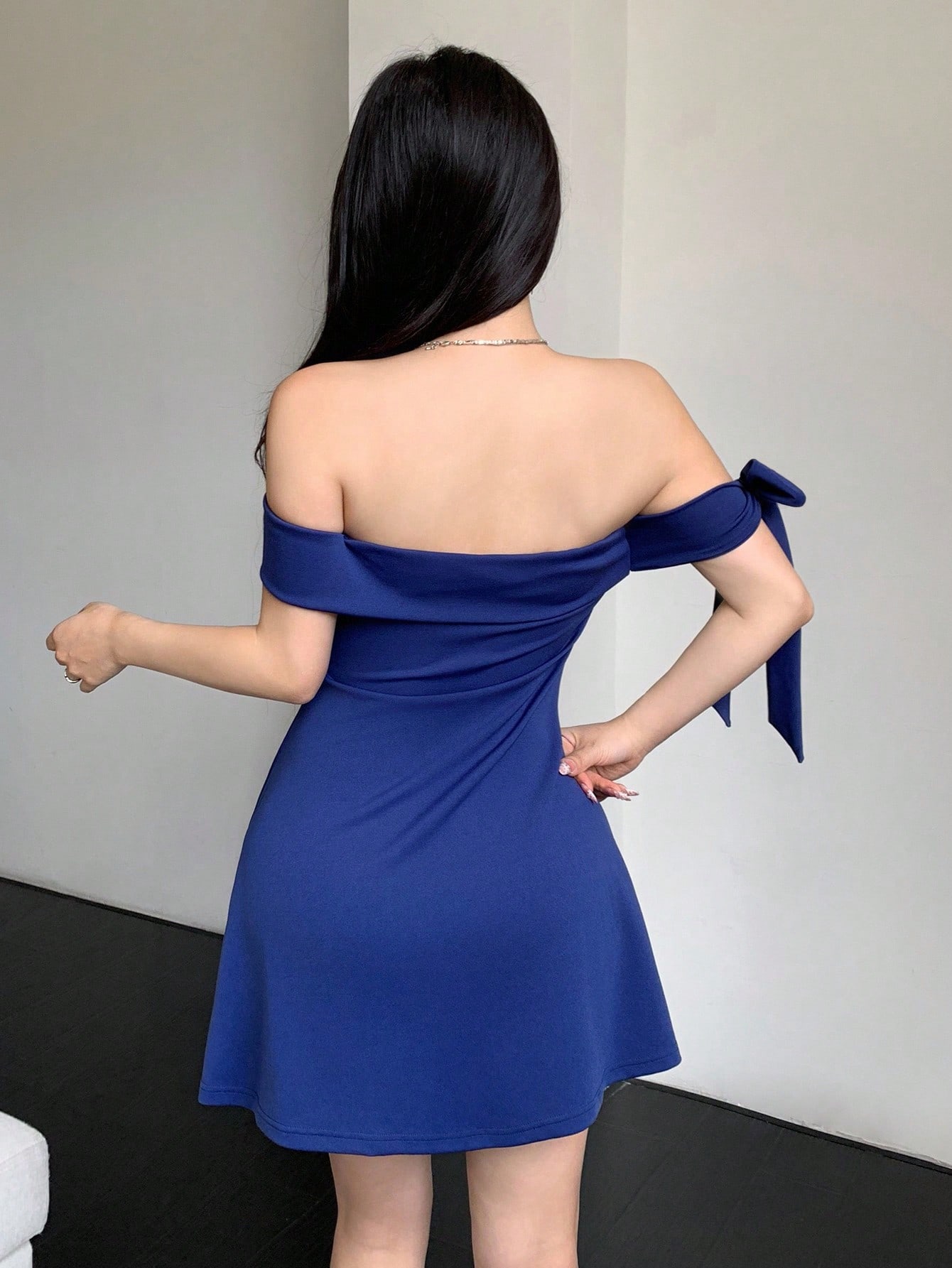 SHEIN Celisse Knitted Elastic Off Shoulder A-Line Short Dress - Image 2