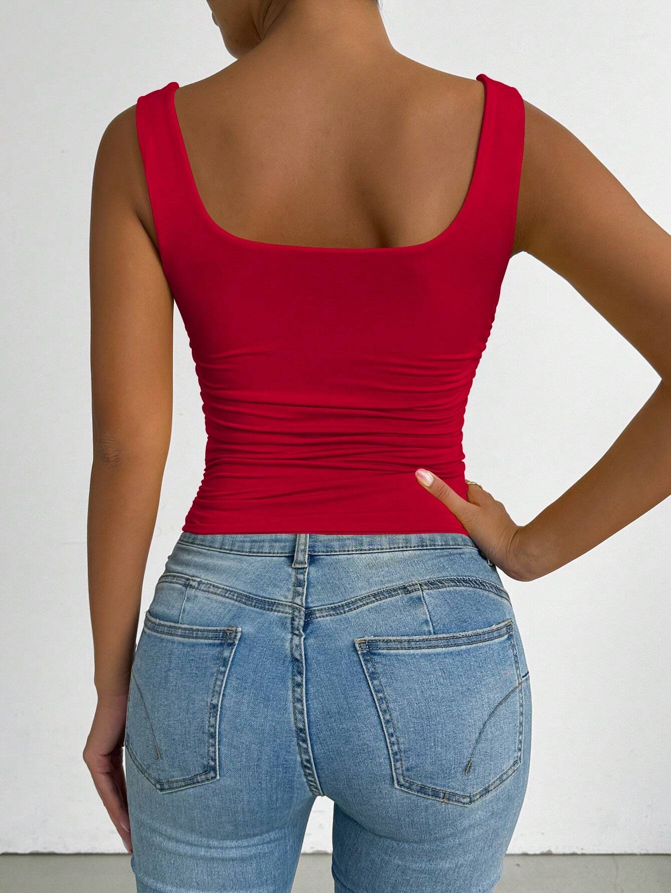 SHEIN Chiquease Summer Casual Solid Color Square Neck Ruched - Image 2