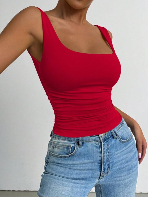 SHEIN Chiquease Summer Casual Solid Color Square Neck Ruched - Image 3