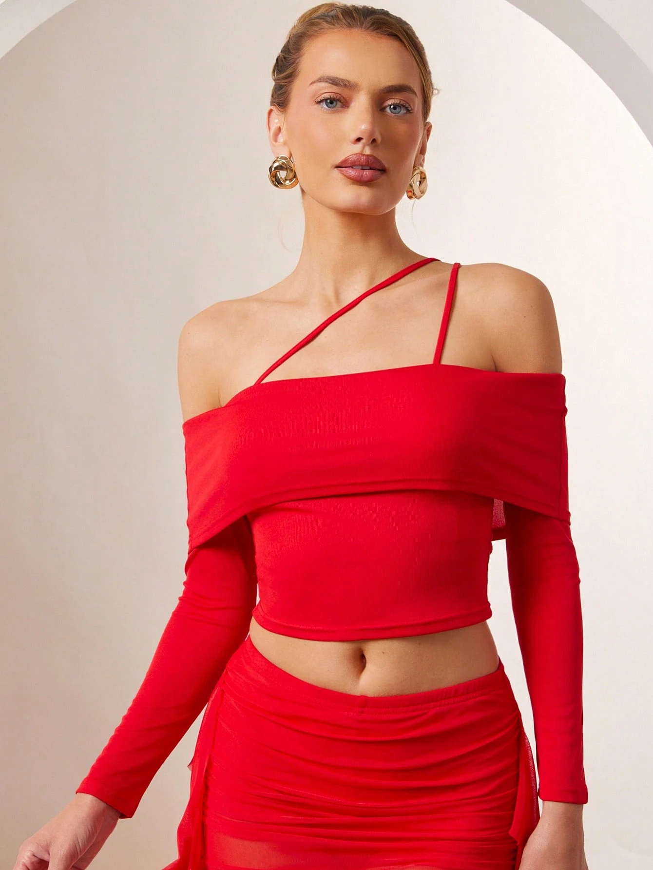 SHEIN Hauture Women Solid Color Asymmetric Neck Long Sleeve