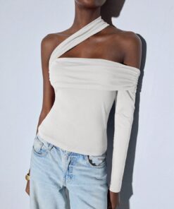 SHEIN Maija Spring/Summer Women's Casual Fitted Asymmetric Shoulder Top