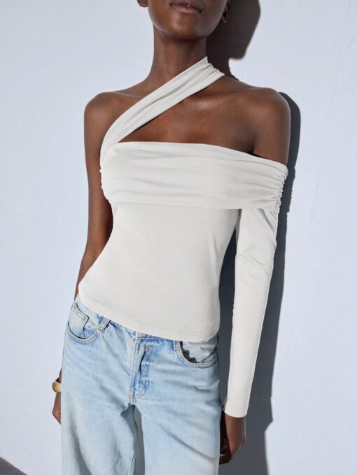 SHEIN Maija Spring/Summer Women's Casual Fitted Asymmetric Shoulder Top