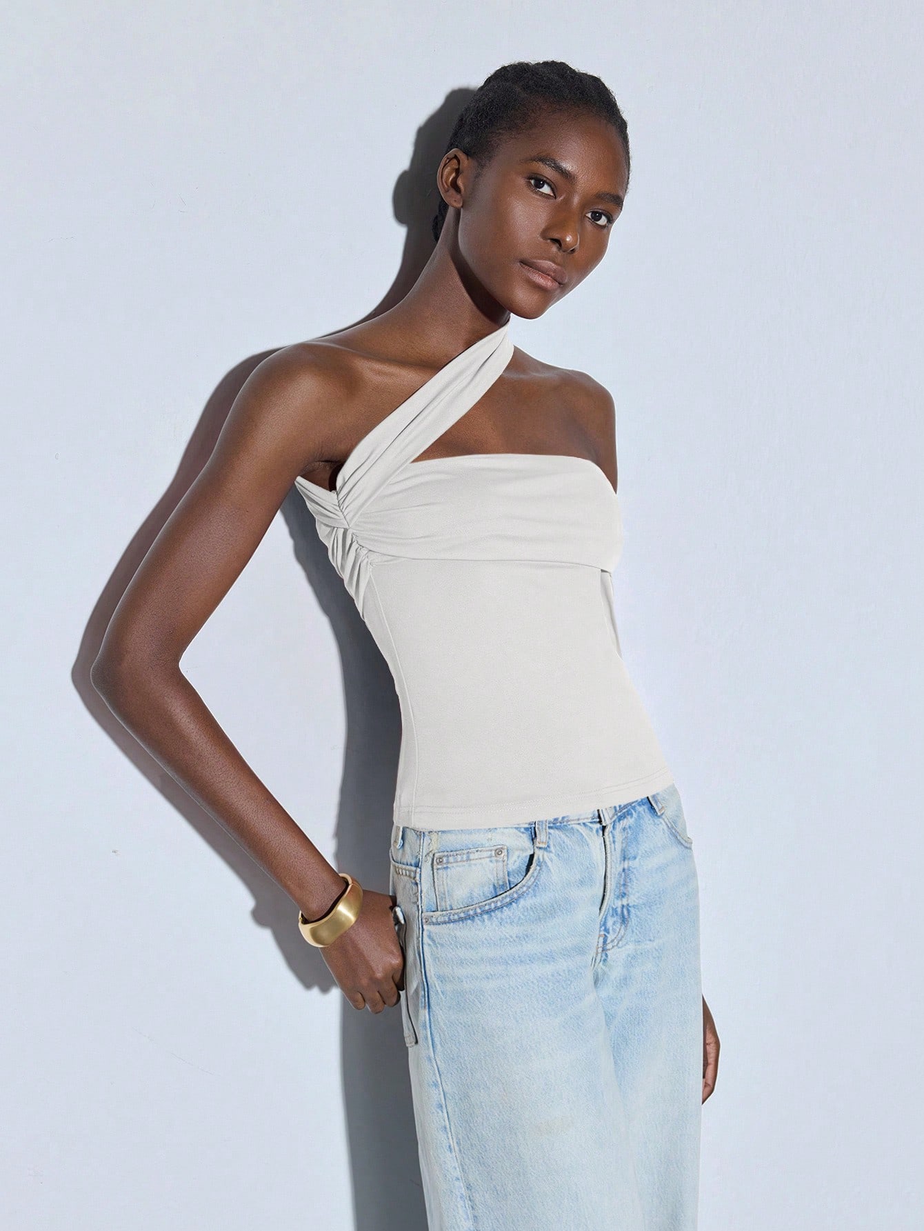 SHEIN Maija Spring/Summer Women's Casual Fitted Asymmetric Shoulder Top - Image 2