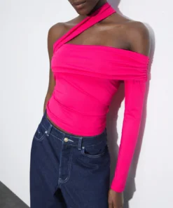 SHEIN Maija Women's Rose Red Solid Oblique Shoulder Asymmetric Neck Ruched