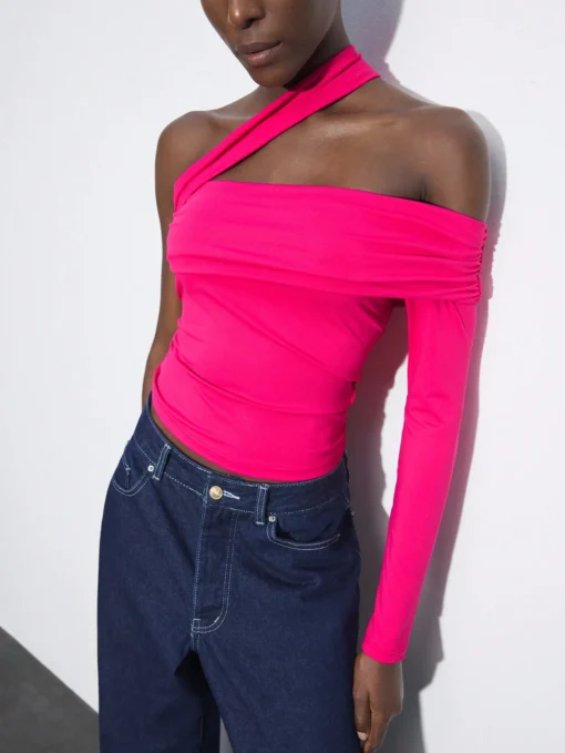 SHEIN Maija Women's Rose Red Solid Oblique Shoulder Asymmetric Neck Ruched