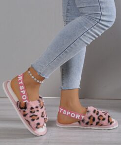 SHEIN Open Toe Leopard Plush Slippers For Women, Cozy Breathable Indoor House Slippers