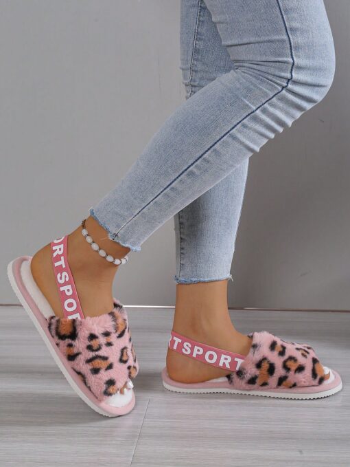 SHEIN Open Toe Leopard Plush Slippers For Women, Cozy Breathable Indoor House Slippers