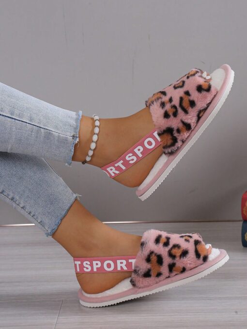 SHEIN Open Toe Leopard Plush Slippers For Women, Cozy Breathable Indoor House Slippers - Image 2
