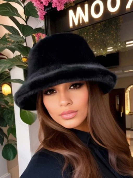 SHEIN Outdoor Casual Series, Solid Color Bucket Hat, Faux Fur Hat