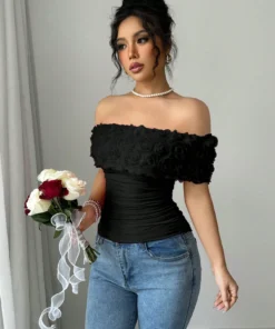 SHEIN Rafferiza Romantic Valentine's Day Red 3D Rose Off Shoulder Ruched