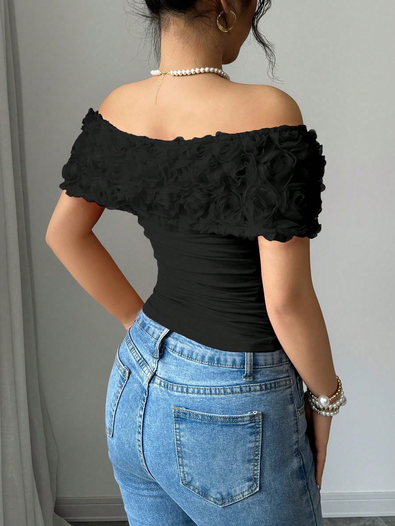 SHEIN Rafferiza Romantic Valentine's Day Red 3D Rose Off Shoulder Ruched - Image 2