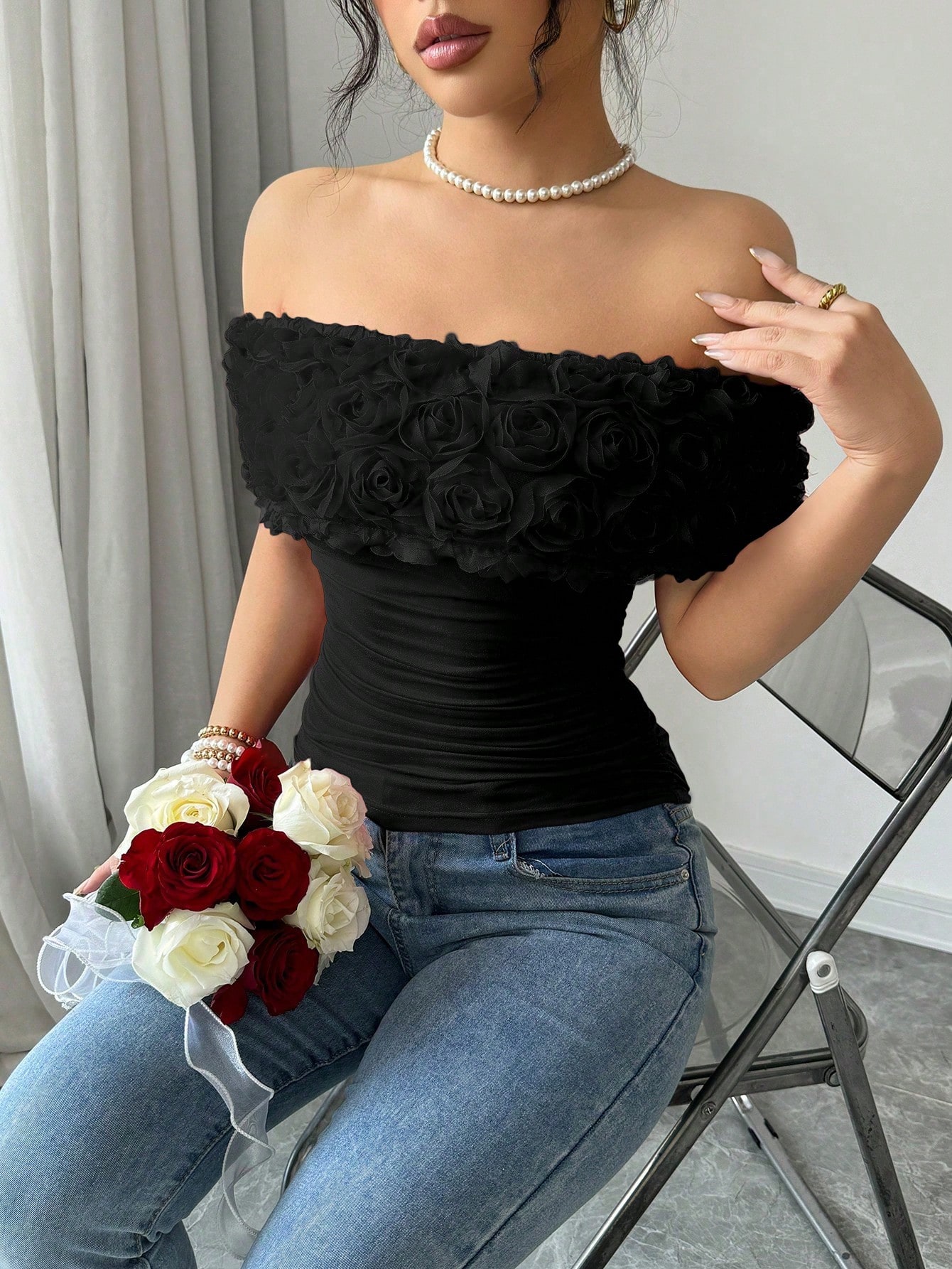 SHEIN Rafferiza Romantic Valentine's Day Red 3D Rose Off Shoulder Ruched - Image 3
