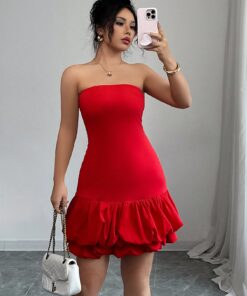 SHEIN Elenzga Women's Elegant Solid Color Ruffle Hem Slim Fit Tube Dress